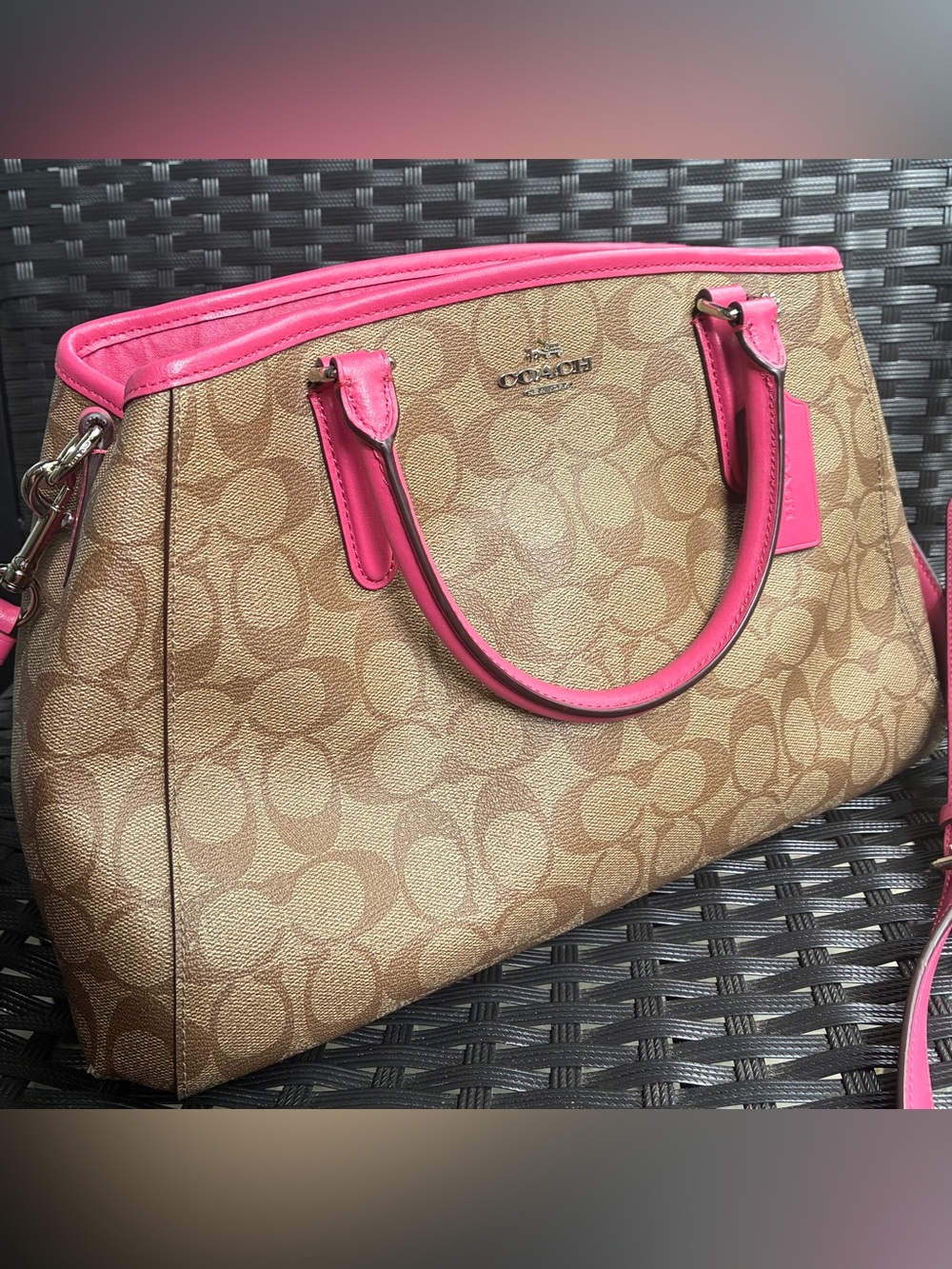 COACH BAG,Coach Tan Signature Satchel with Bright Pink Trim
